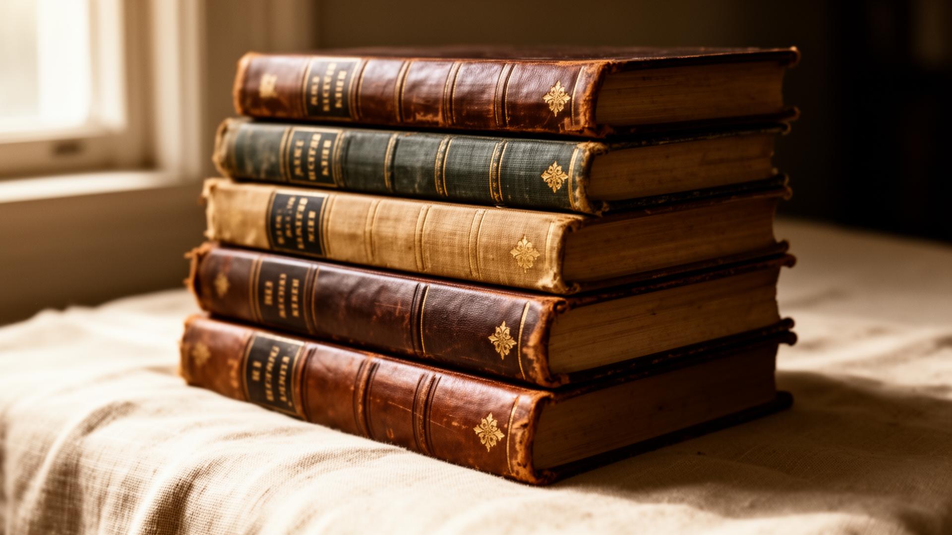 Stack of vintage hardcover books